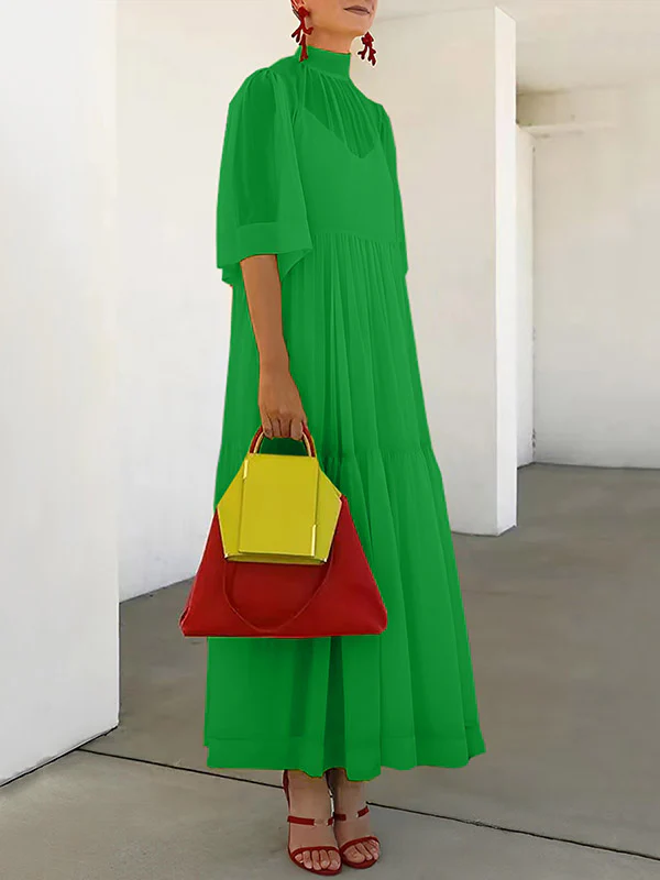 Loose Plus Size Mesh Pleated Solid Color Split-Joint Mock Neck Maxi Dresses Two Pieces Set - Image 7