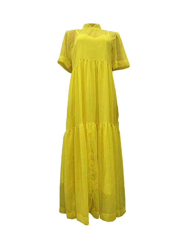Loose Plus Size Mesh Pleated Solid Color Split-Joint Mock Neck Maxi Dresses Two Pieces Set - Image 9