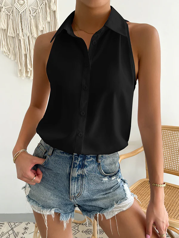 Loose Plus Size Solid Color Split-Joint Lapel Blouses - Image 3