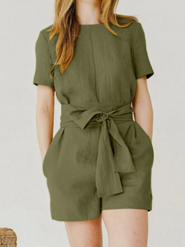 Loose Plus Size Solid Color Split-Joint Tied Waist Round-Neck Rompers - Image 2