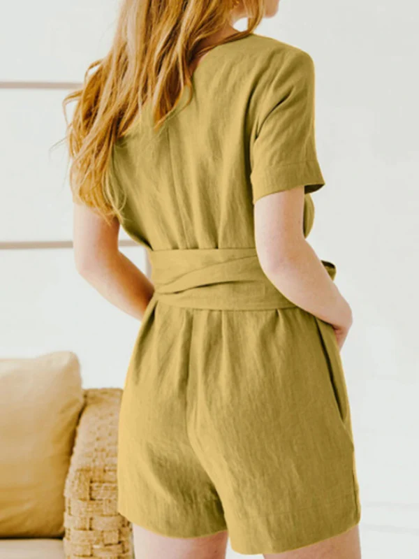 Loose Plus Size Solid Color Split-Joint Tied Waist Round-Neck Rompers - Image 4