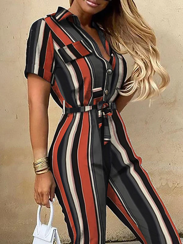 Loose Plus Size Split-Joint Striped Tied Waist Lapel Jumpsuits - Image 2