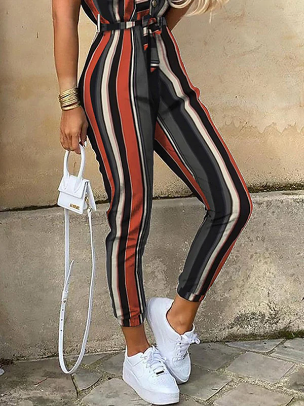 Loose Plus Size Split-Joint Striped Tied Waist Lapel Jumpsuits - Image 3