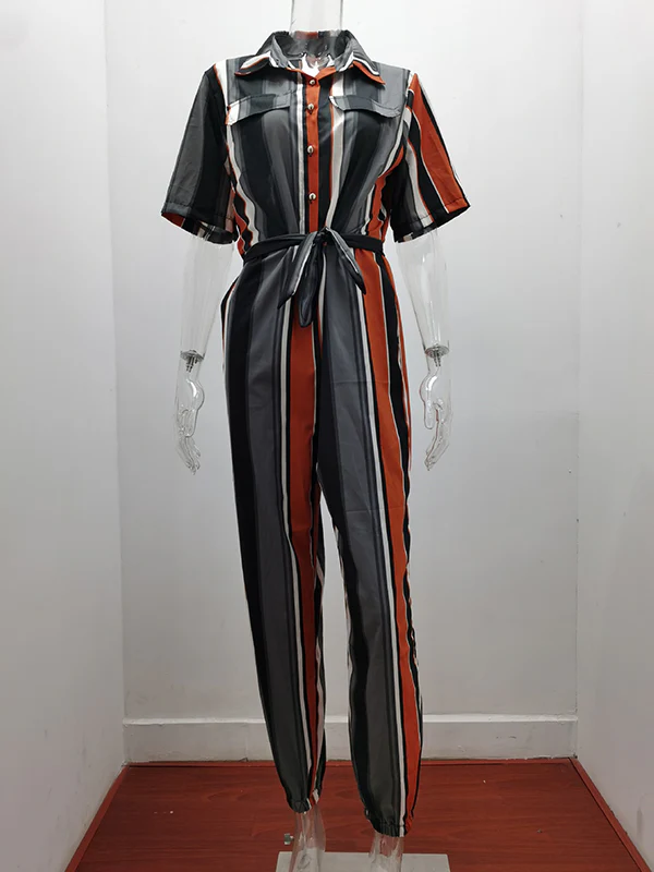 Loose Plus Size Split-Joint Striped Tied Waist Lapel Jumpsuits - Image 4