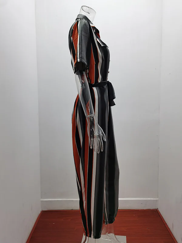 Loose Plus Size Split-Joint Striped Tied Waist Lapel Jumpsuits - Image 5