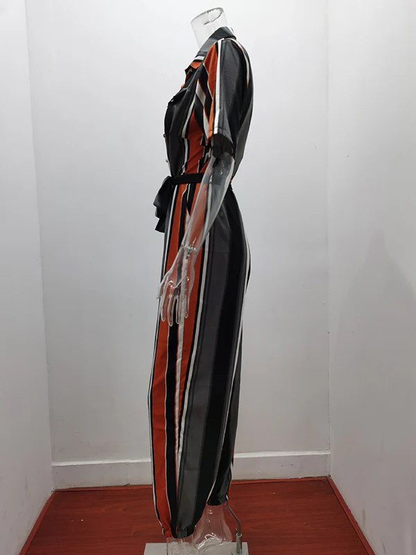 Loose Plus Size Split-Joint Striped Tied Waist Lapel Jumpsuits - Image 6