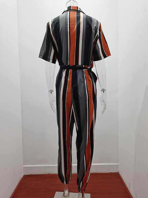 Loose Plus Size Split-Joint Striped Tied Waist Lapel Jumpsuits - Image 7