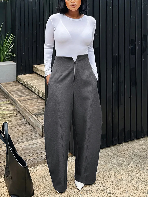 Loose Pockets Solid Color Zipper Pants Trousers - Image 3