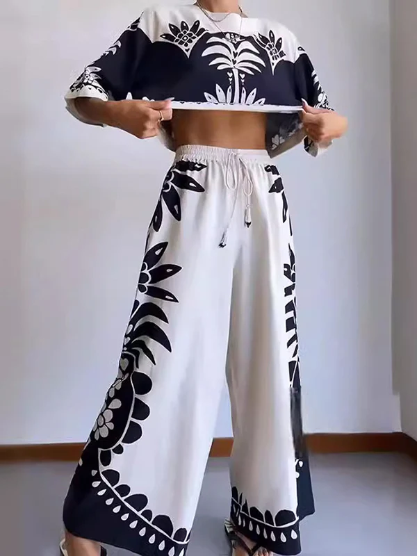 Loose Printed Round-Neck T-Shirts + Drawstring Elasticity High Waisted Pants Trousers Two Pieces Set - Image 2