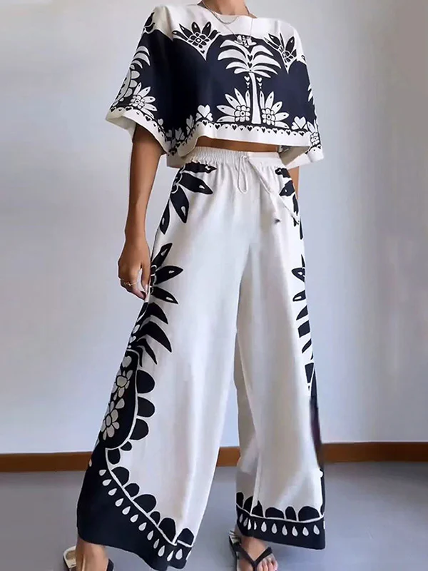 Loose Printed Round-Neck T-Shirts + Drawstring Elasticity High Waisted Pants Trousers Two Pieces Set - Image 3