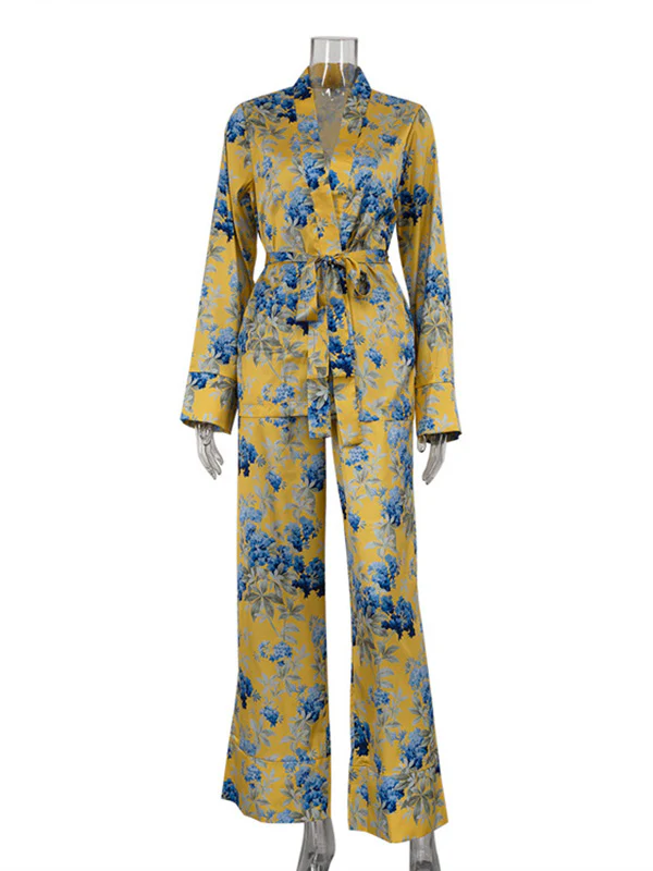 Loose Printed Split-Joint Deep V-Neck Lace-Up Blouse + Drawstring Elasticity Pants Trousers Two Pieces Set - Image 11
