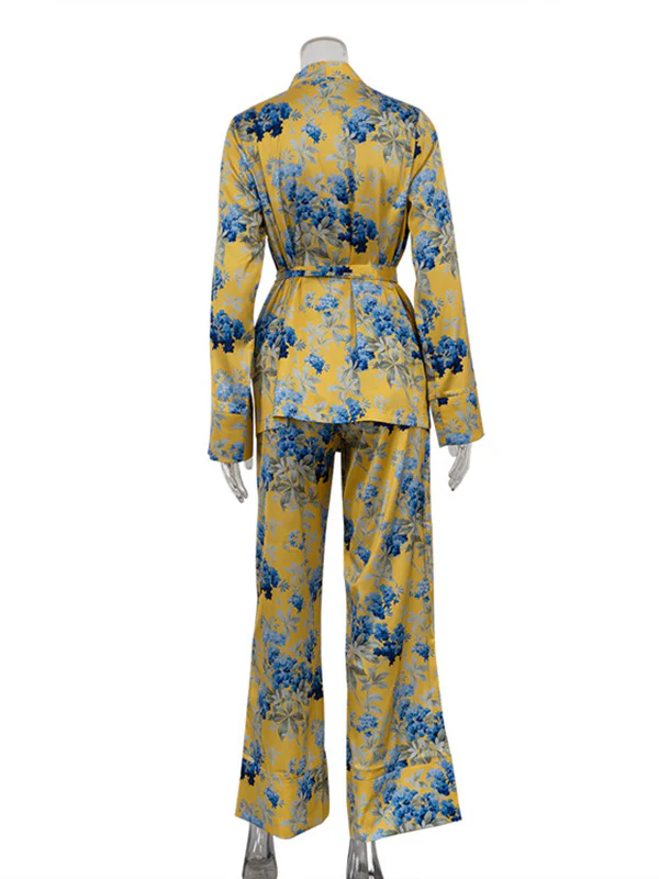 Loose Printed Split-Joint Deep V-Neck Lace-Up Blouse + Drawstring Elasticity Pants Trousers Two Pieces Set - Image 12
