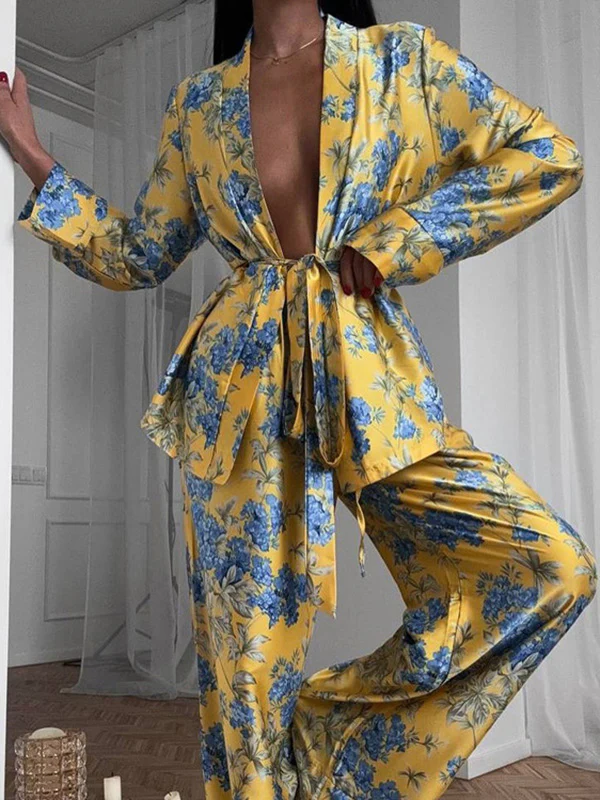 Loose Printed Split-Joint Deep V-Neck Lace-Up Blouse + Drawstring Elasticity Pants Trousers Two Pieces Set - Image 2