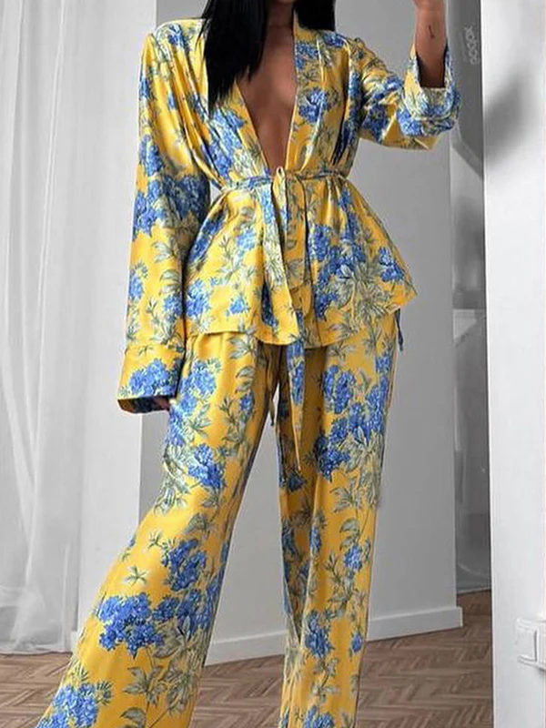 Loose Printed Split-Joint Deep V-Neck Lace-Up Blouse + Drawstring Elasticity Pants Trousers Two Pieces Set - Image 3