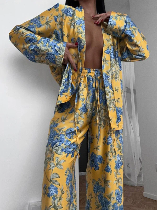 Loose Printed Split-Joint Deep V-Neck Lace-Up Blouse + Drawstring Elasticity Pants Trousers Two Pieces Set - Image 4