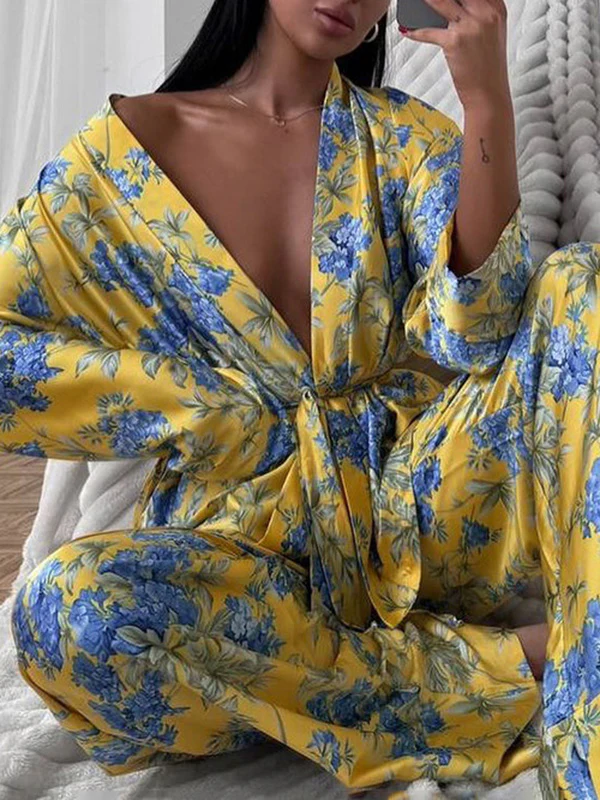 Loose Printed Split-Joint Deep V-Neck Lace-Up Blouse + Drawstring Elasticity Pants Trousers Two Pieces Set - Image 5