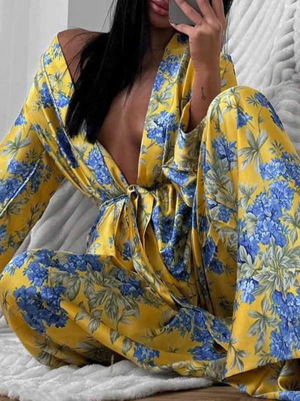 Loose Printed Split-Joint Deep V-Neck Lace-Up Blouse + Drawstring Elasticity Pants Trousers Two Pieces Set - Image 6