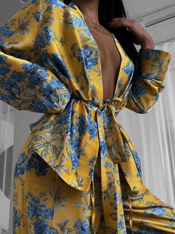 Loose Printed Split-Joint Deep V-Neck Lace-Up Blouse + Drawstring Elasticity Pants Trousers Two Pieces Set - Image 7