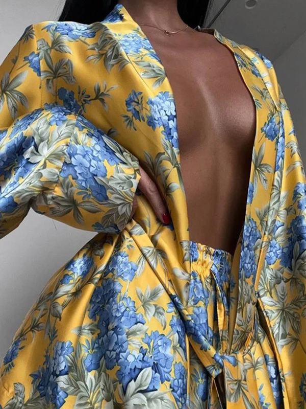 Loose Printed Split-Joint Deep V-Neck Lace-Up Blouse + Drawstring Elasticity Pants Trousers Two Pieces Set - Image 8