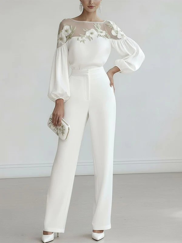 Loose Puff Sleeves Applique Flower Shape Mesh Split-Joint Round-Neck Blouses&Shirts Tops - Image 2