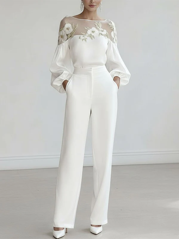 Loose Puff Sleeves Applique Flower Shape Mesh Split-Joint Round-Neck Blouses&Shirts Tops - Image 3