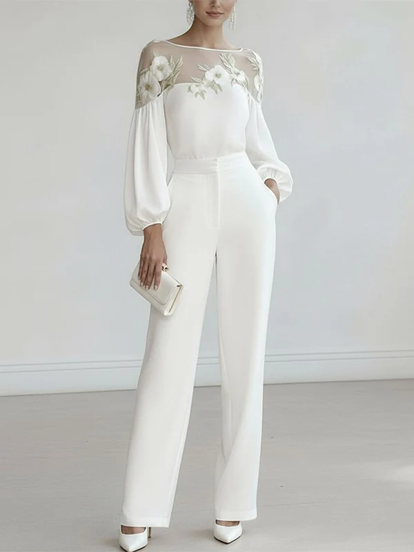 Loose Puff Sleeves Applique Flower Shape Mesh Split-Joint Round-Neck Blouses&Shirts Tops - Image 4