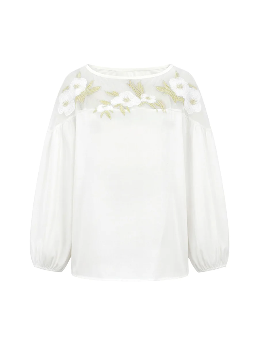 Loose Puff Sleeves Applique Flower Shape Mesh Split-Joint Round-Neck Blouses&Shirts Tops - Image 5