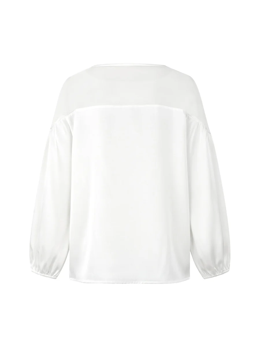 Loose Puff Sleeves Applique Flower Shape Mesh Split-Joint Round-Neck Blouses&Shirts Tops - Image 6