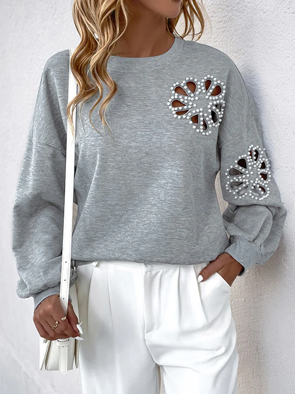 Loose Puff Sleeves Asymmetric Hollow Split-Joint Round-Neck Sweatshirt Tops - Image 2