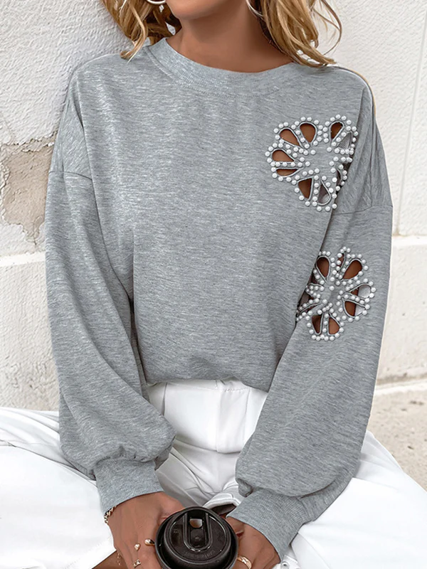 Loose Puff Sleeves Asymmetric Hollow Split-Joint Round-Neck Sweatshirt Tops - Image 3