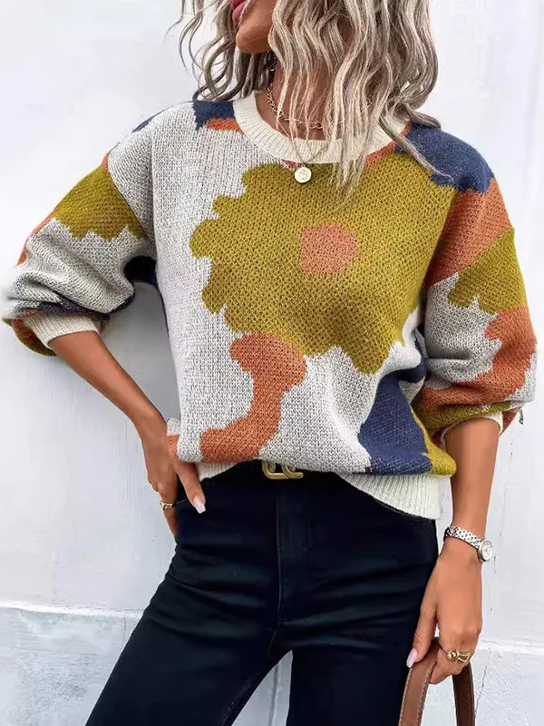 Loose Puff Sleeves Asymmetric Knitted Flower Split-Joint Round-Neck Sweater Tops - Image 10