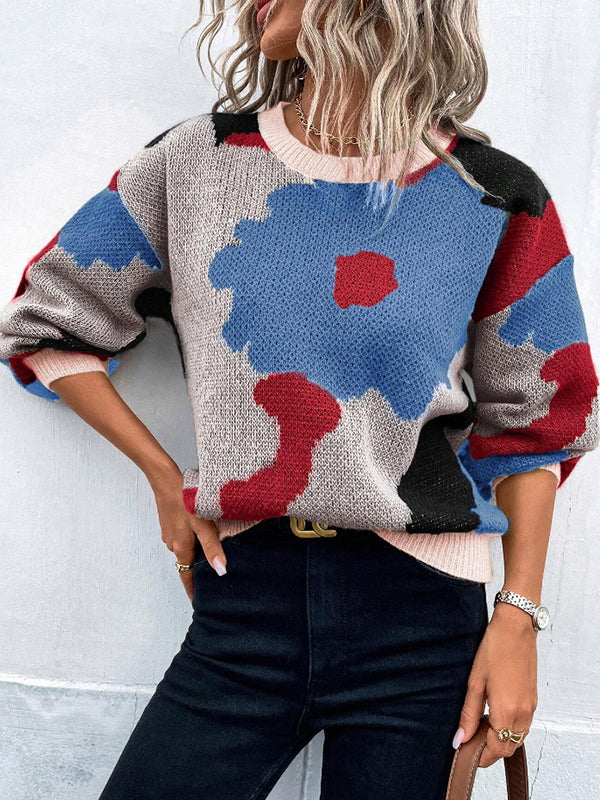 Loose Puff Sleeves Asymmetric Knitted Flower Split-Joint Round-Neck Sweater Tops - Image 11