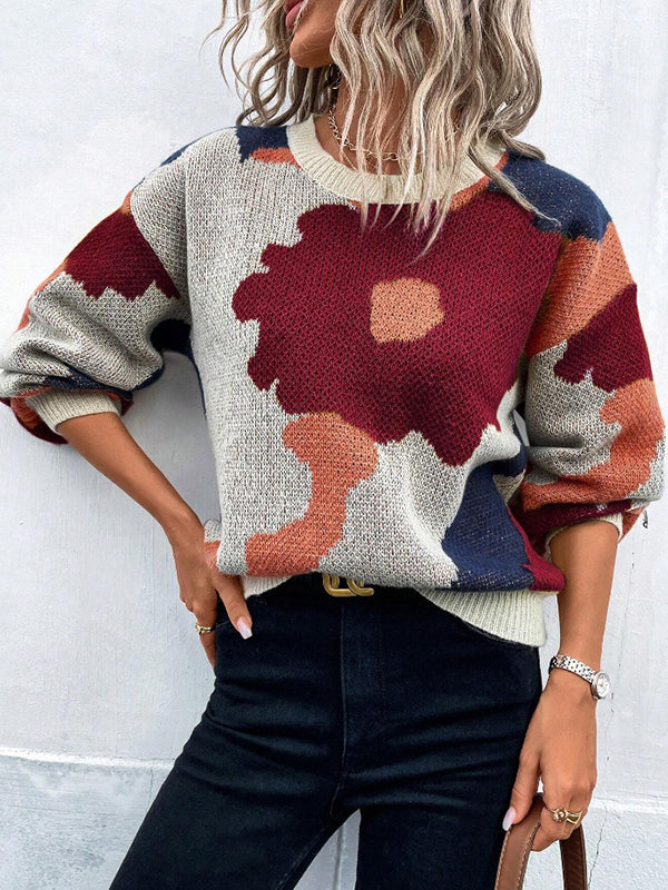 Loose Puff Sleeves Asymmetric Knitted Flower Split-Joint Round-Neck Sweater Tops - Image 12