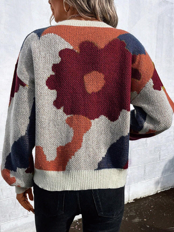 Loose Puff Sleeves Asymmetric Knitted Flower Split-Joint Round-Neck Sweater Tops - Image 13