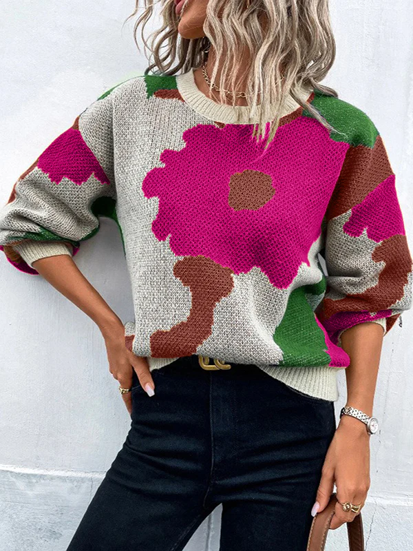 Loose Puff Sleeves Asymmetric Knitted Flower Split-Joint Round-Neck Sweater Tops - Image 2