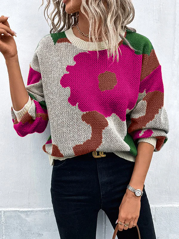 Loose Puff Sleeves Asymmetric Knitted Flower Split-Joint Round-Neck Sweater Tops - Image 3