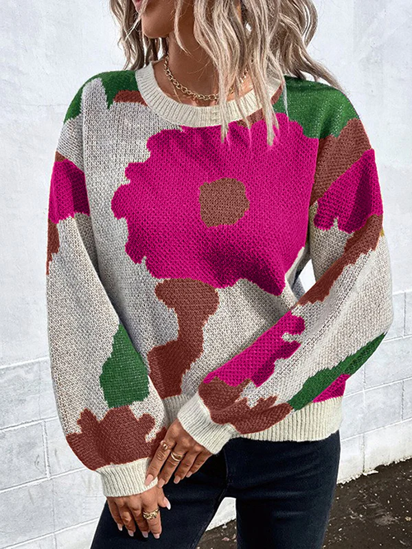 Loose Puff Sleeves Asymmetric Knitted Flower Split-Joint Round-Neck Sweater Tops - Image 4