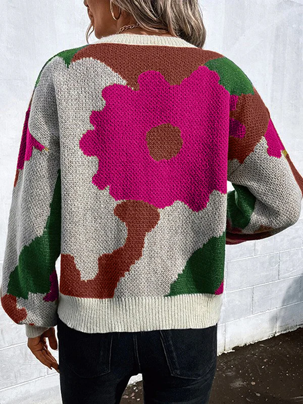 Loose Puff Sleeves Asymmetric Knitted Flower Split-Joint Round-Neck Sweater Tops - Image 5