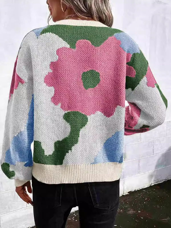 Loose Puff Sleeves Asymmetric Knitted Flower Split-Joint Round-Neck Sweater Tops - Image 6