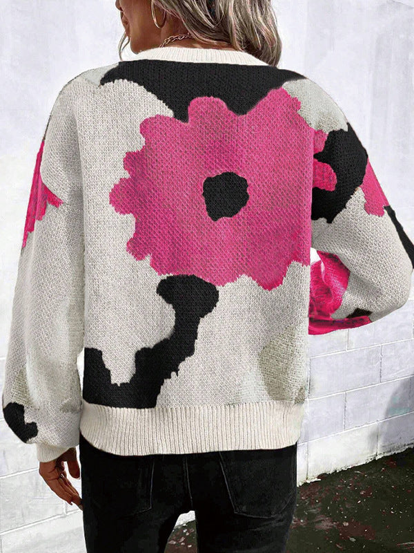 Loose Puff Sleeves Asymmetric Knitted Flower Split-Joint Round-Neck Sweater Tops - Image 7