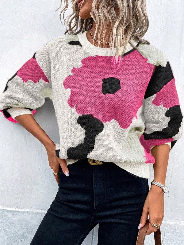 Loose Puff Sleeves Asymmetric Knitted Flower Split-Joint Round-Neck Sweater Tops - Image 8