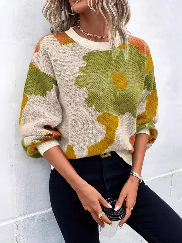 Loose Puff Sleeves Asymmetric Knitted Flower Split-Joint Round-Neck Sweater Tops - Image 9