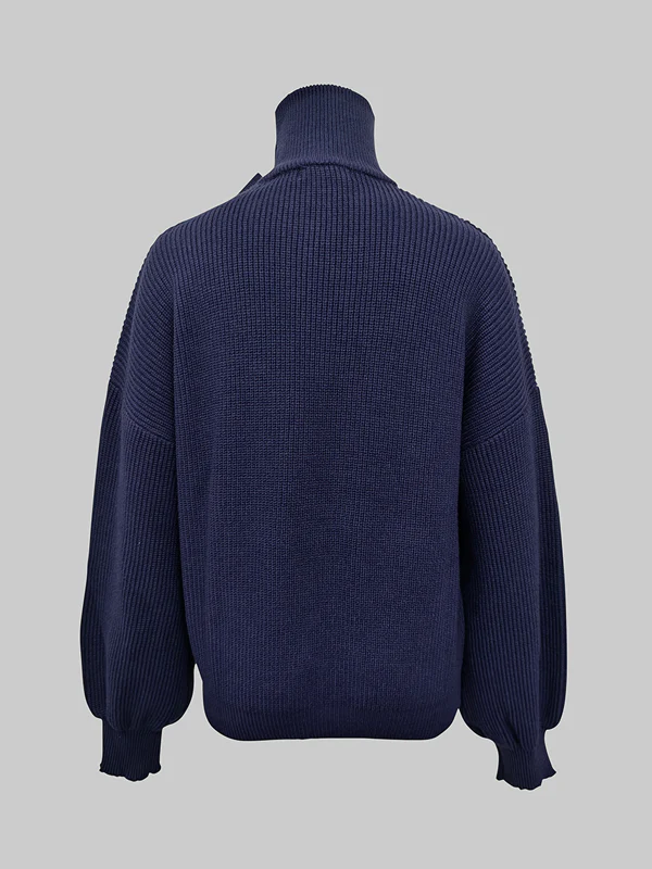Loose Puff Sleeves Bowknot Solid Color Split-Joint High Neck Sweater Tops - Image 4