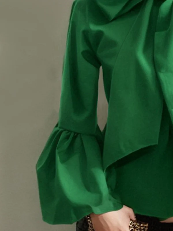 Loose Puff Sleeves Bowknot Solid Color Split-Joint Stand Collar Blouses&Shirts Tops - Image 3