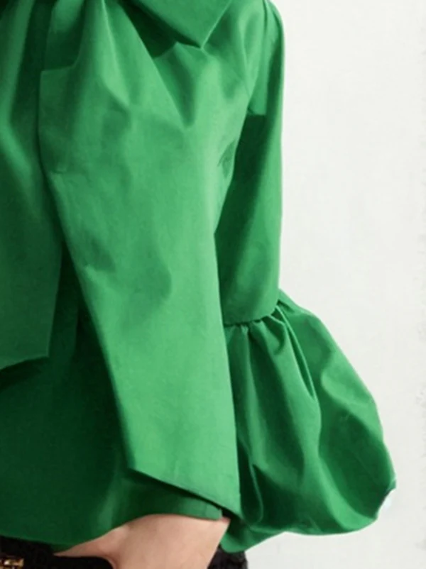 Loose Puff Sleeves Bowknot Solid Color Split-Joint Stand Collar Blouses&Shirts Tops - Image 4