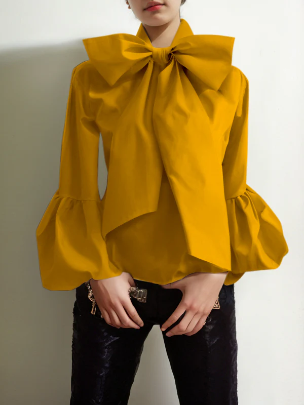 Loose Puff Sleeves Bowknot Solid Color Split-Joint Stand Collar Blouses&Shirts Tops - Image 5