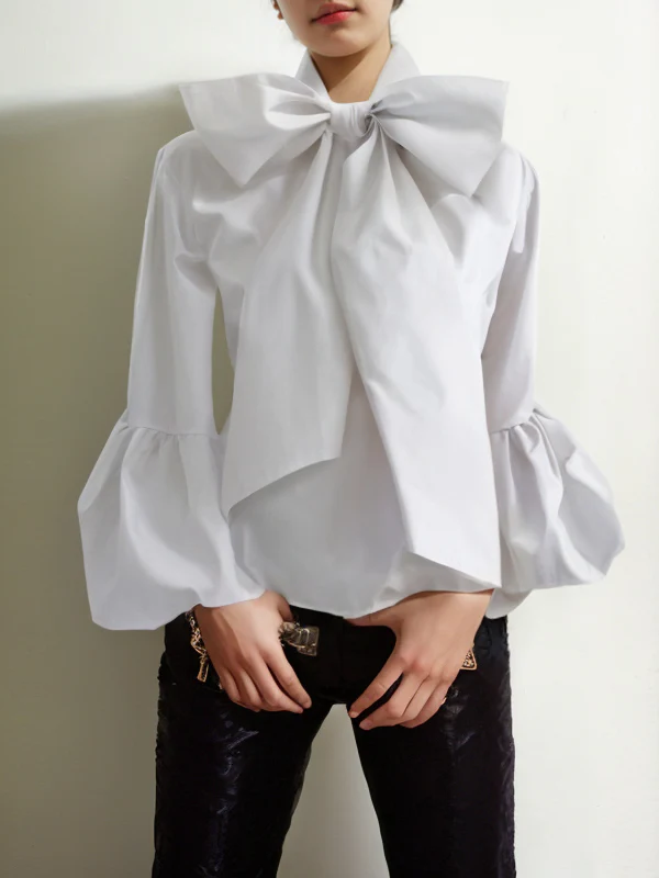 Loose Puff Sleeves Bowknot Solid Color Split-Joint Stand Collar Blouses&Shirts Tops - Image 6