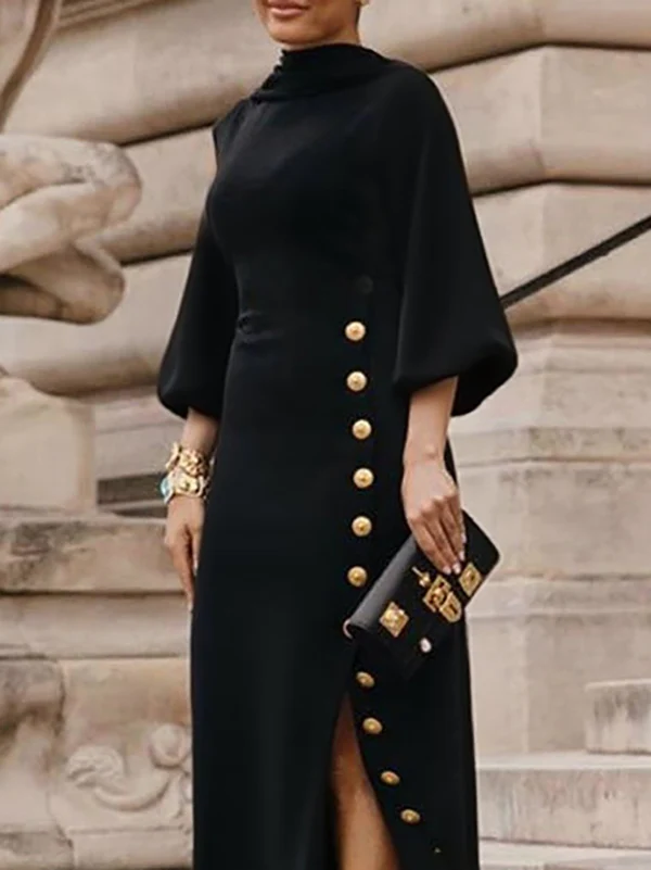 Loose Puff Sleeves Buttoned Split-side Mock Neck Maxi Dresses - Image 2