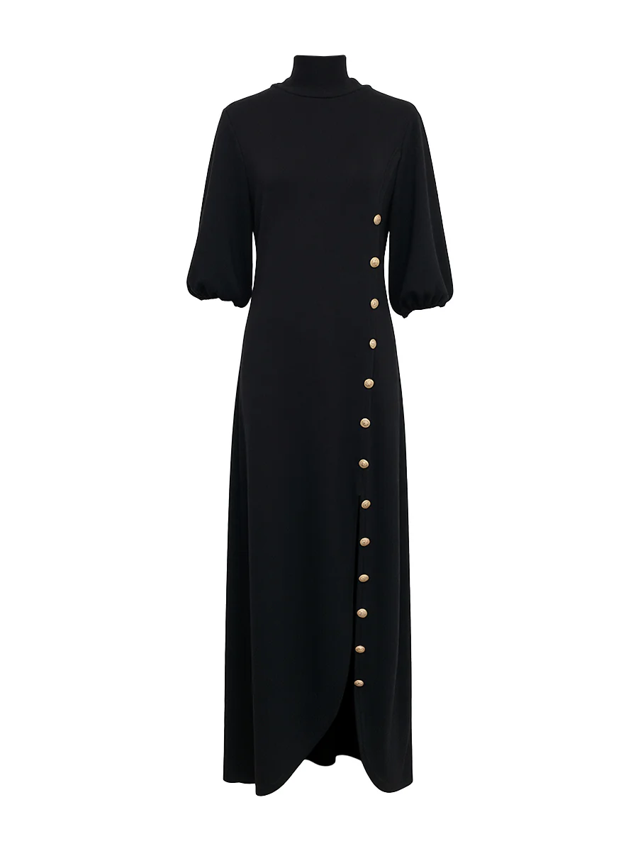 Loose Puff Sleeves Buttoned Split-side Mock Neck Maxi Dresses - Image 3