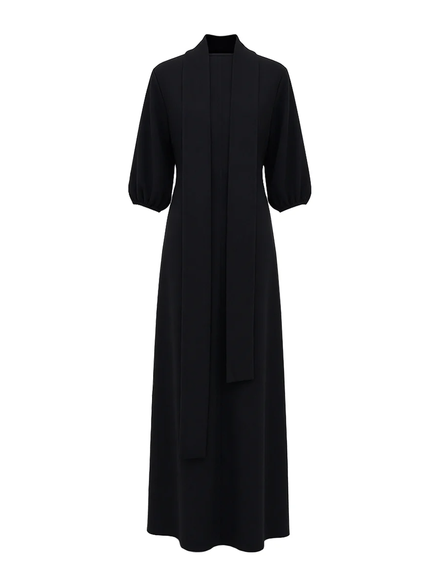 Loose Puff Sleeves Buttoned Split-side Mock Neck Maxi Dresses - Image 4